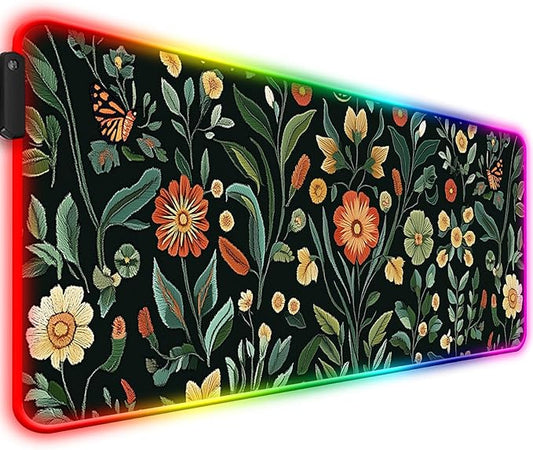 RGB Floral Gaming Desk Mat, Computer Keyboard Large Extended Long Flower Plants LED Mouse Pad for Office and Home, XL (W19)