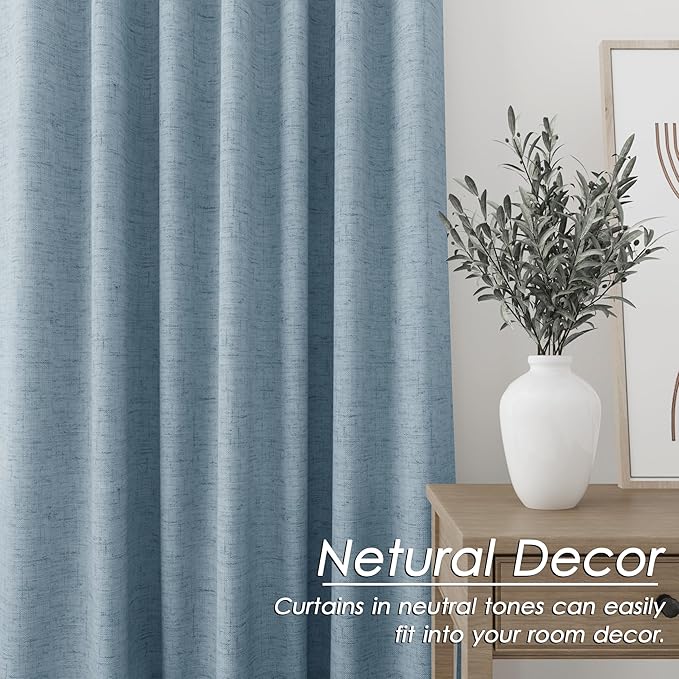 Nanspring Blue Linen 100% Blackout Curtains 92 inch Length Back Tab Rod Pocket Drapes Thermal Insulated Textured Living Room Black Out Curtains 2 Panels Set 52x92
