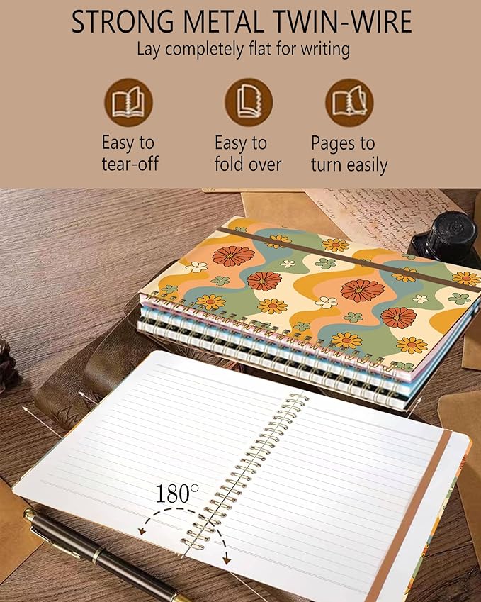 Spiral Journal Notebook, A5 Cute Notebooks for Women Men, College Ruled Hardcover Notebook for Work & Note Taking, 60 Pages Double-Wire Journals for Writing, Retro Boho Flowers