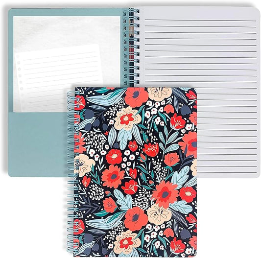 Steel Mill & Co Cute Red/Blue Mini Spiral Notebook, 8.25" x 6.25" Journal with Durable Hardcover and 160 Lined Pages, Folk Floral