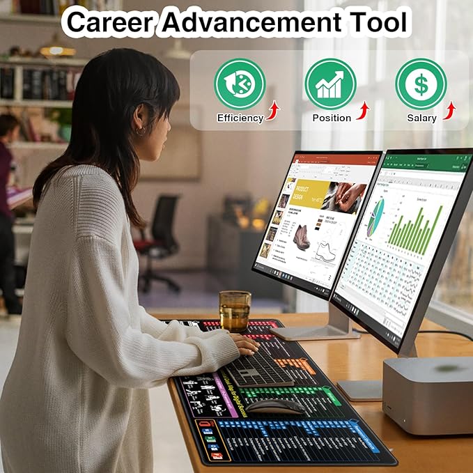 Excel Cheat Sheet Mouse Pad, Extra Large Excel Shortcuts Desk Mat, XXL 35.4"x15.7" Waterproof Keyboard Mousepad for Full Desk Office Work Computer Gaming Mouse Mat with Stitched Edges Anti-Slip