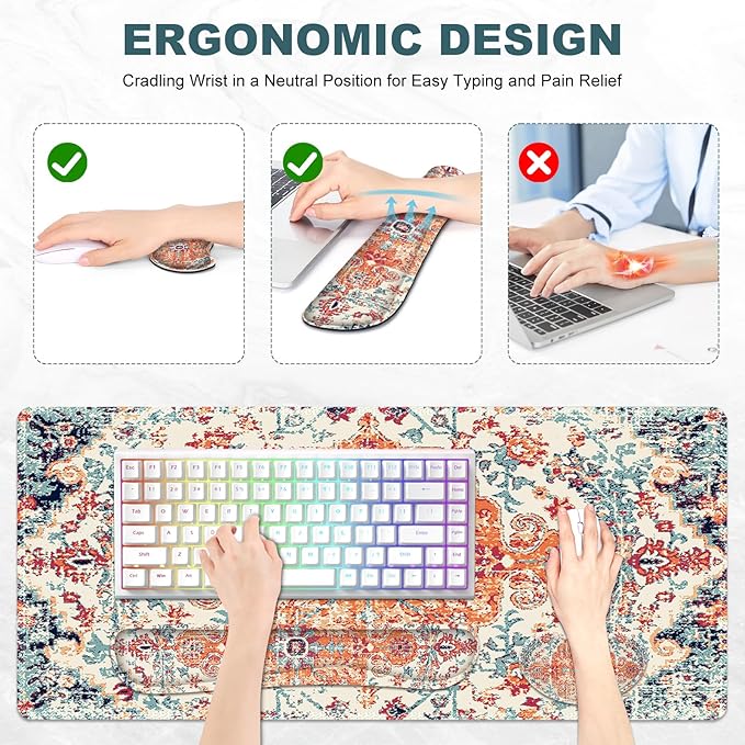 Keyboard Mouse Pad Set, Extended Gaming Mouse Pad +Keyboard Wrist Support +Mouse Wrist Rest +Coaster, 35.4x15.7 in XXL Large Ergonomic Desk Mat 4in1 Set for Home Office, Vintage Bohe