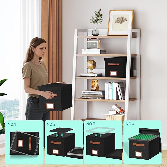 File Box for Hanging, File Organizer Box with Lid Decorative File Folders Organizer with One-Piece Integrated Plastic Slide Rail (Black, 13.2x10.1x10.1inch(2pack))