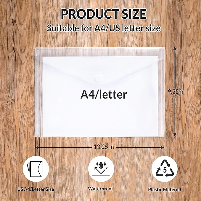 SUNEE 6 Pack Plastic Envelopes, Clear Folders for Document for A4 Letter Size, Poly File Folders with Label Pockets for School Home Office Organizer Work Supplies