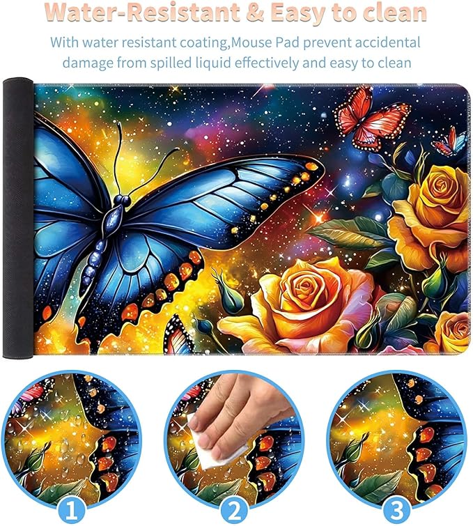 Desk Mat Large Gaming Mouse Pad (31.5x11.8 inch) with Stitched Edges, XL Mouse Pad +Coaster, Extended Mouse Mat Keybroad Mousepad Non-Slip Rubber for Gamer Men Women, Butterfly Color Roses