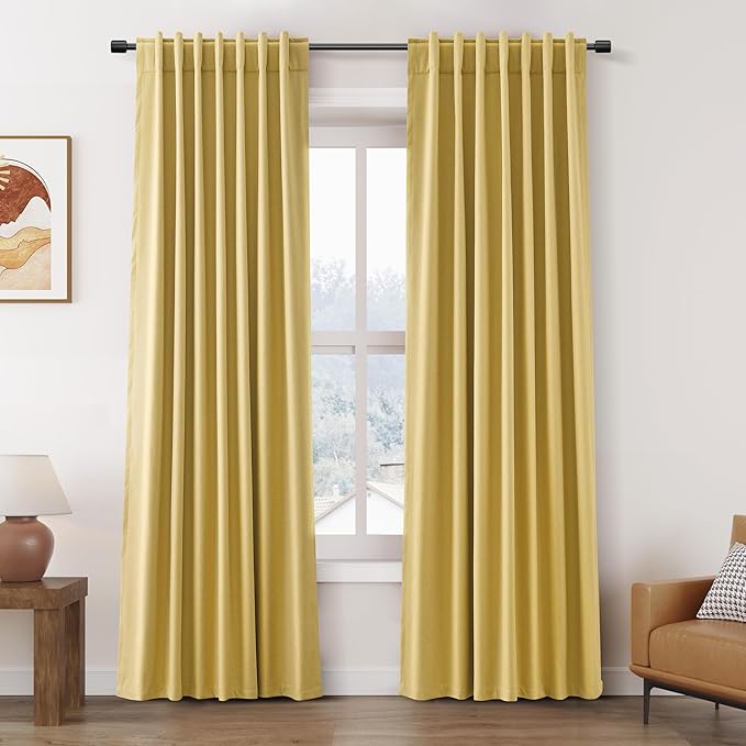 Nanspring Gold Linen Blackout Curtains 84 Inches Long Back Tab Rod Pocket Heat Reducing Noise Cancelling Total Sun Blocking 2 Panels Set for Sliding Door Boho Farmhouse Curtains Drapes 52x84