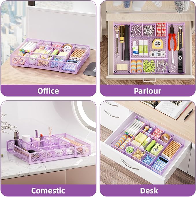 Marbrasse Expandable Desk Drawer Organizer, Mesh Drawer Organizer Tray with 10 Adjustable Compartments, Desk Organizers and Accessories for Office Supplies, Makeup & Vanity (Expandable-Purple)