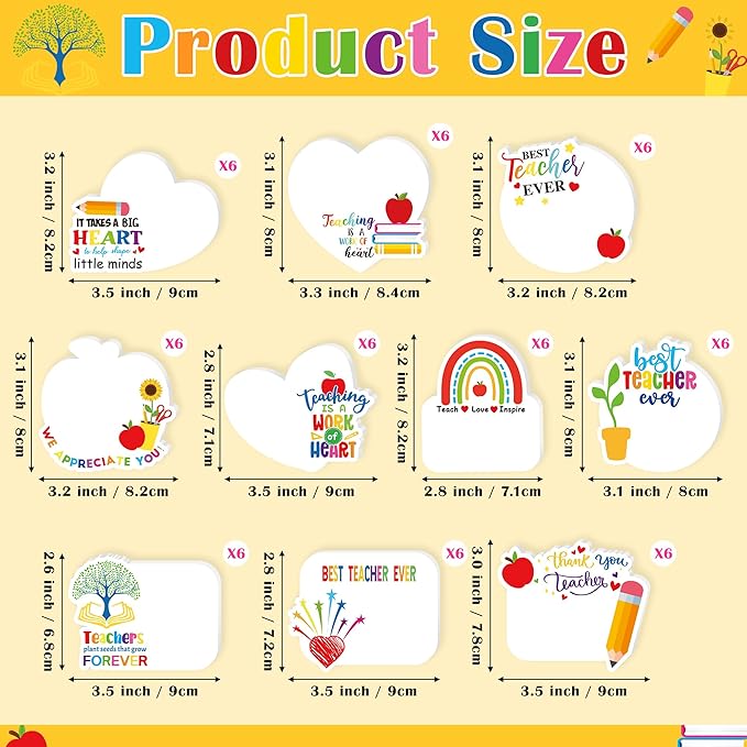 CJiangpo 60Pcs Teacher Sticky Notes Pads, 1200 Sheets Self Stick Notepad Memo Pads Teaching is A Work of Heart Page Marker Thank You Teacher Appreciation Gift School Office Supplies Party Favor Filler