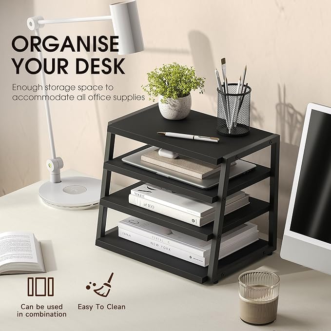 Fenge Desk Shelf Organizer, 4 Tier Desktop Shelf, Wood and Metal Office Shelves, Corner File Organizer for Office Supplies, Top of Desk Organizers and Accessories
