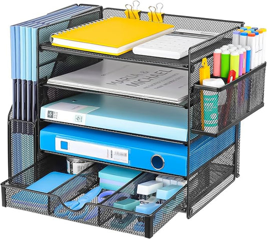 Desk Organizers with File Holder, 5-Tier Paper Organizer Letter Tray with Sliding Drawers and Extra Pen Holder, Mesh Desktop File Organizer for School Office Supplies, Black.