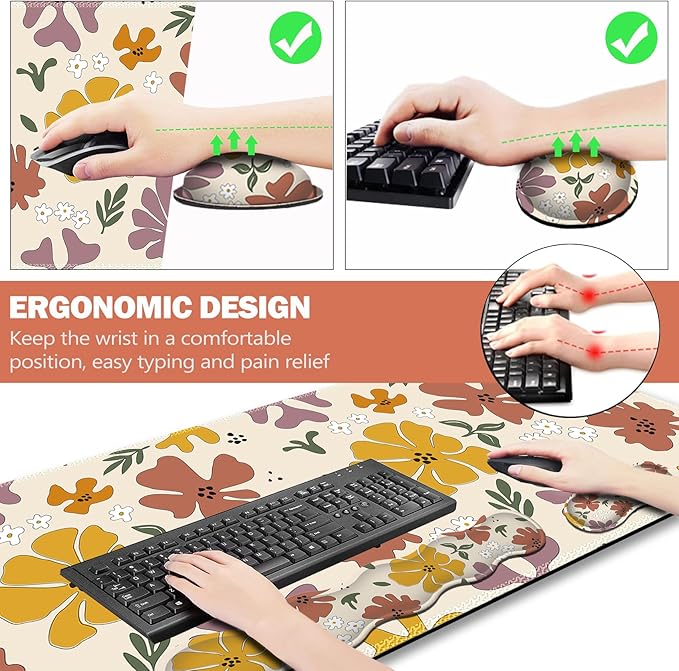 ARTSO Gaming Mouse Pad Wrist Support Set,Cute Flower Desk Mat+Mouse Pad with Wrist Rest +Keyboard Wrist Pad+Coaster,4-in-1 Mousepad Ergonomic Design for Home Office Game