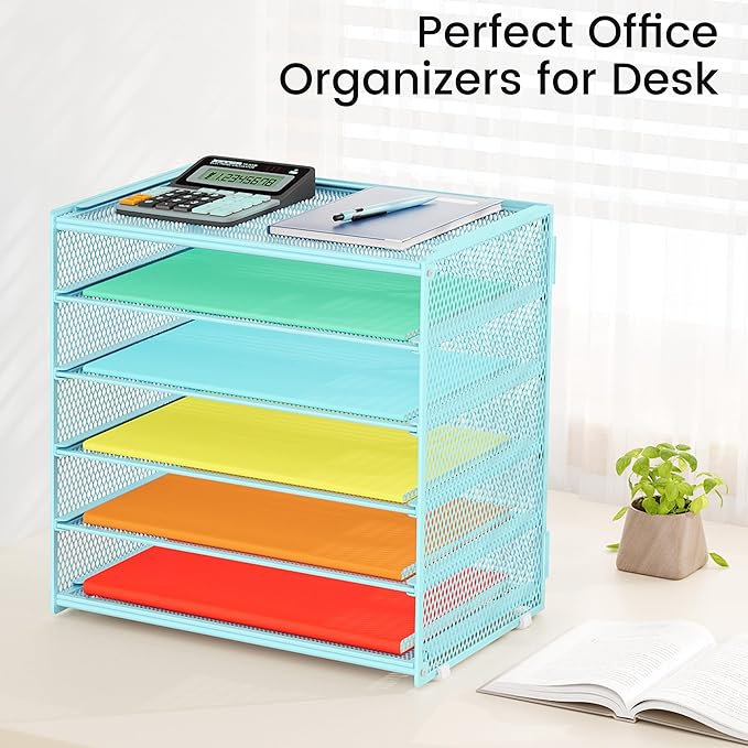 2 Pack 6 Tier Paper Organizer, Metal Mesh Desk File Folder, Letter Tray Organizer, Paper Sorter Desk Organizers for Office, Home or School File Folder Holder - Blue