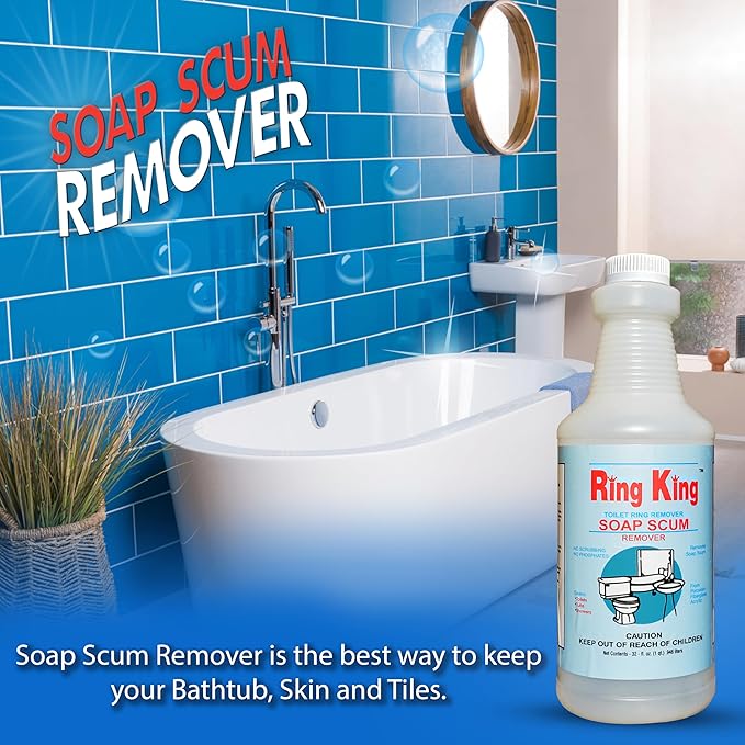 Amazon Brand - Ring King Toilet Soap Scum Remover For Shower | 32OZ Fast Acting Hard Water Stain Remover – Multi-Surface Bathtub Cleaner For Tile, Glass, Limescale & Sink – No Scrubbing