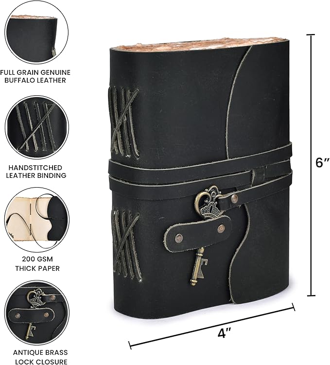 LEATHER VILLAGE Vintage Leather Journal – 200 Handmade Vintage Deckle Edge Paper – Leather bound Journal For Women Men – Vintage Key Closure - Book of Shadows - Black - 6X4 inches (A6)