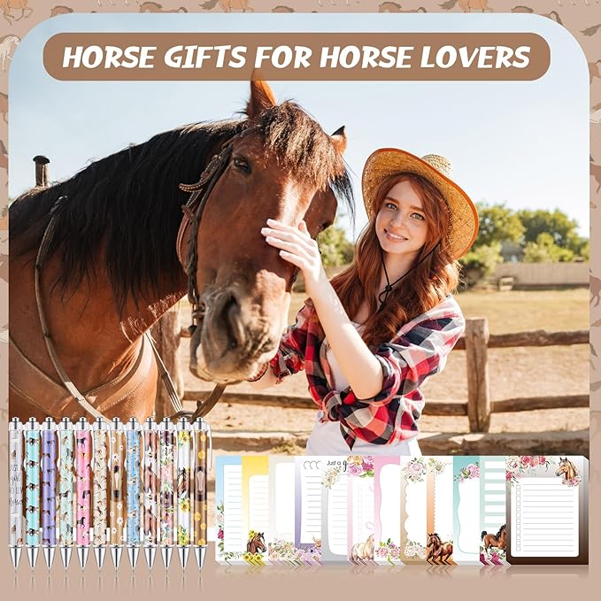 24 Pcs Horse Sticky Notes with Pens Themed Party Favors Gifts Cute Notepad Memo Notes Pads Black Ink Ballpoint Pen for Horse Lover Christmas Gifts Office School Students Teacher Supplies