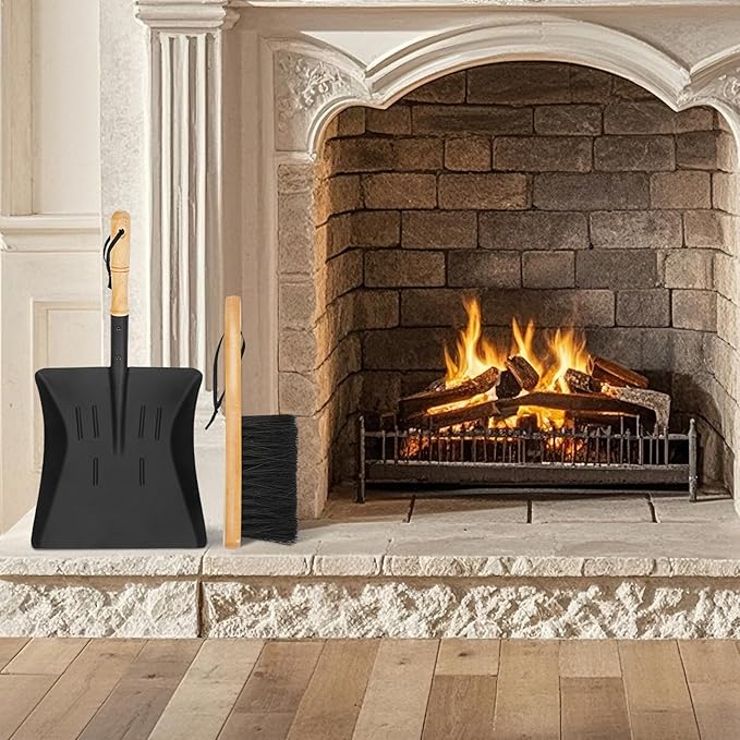 Permade Fireplace Ash Shovel and Brush Set, Coal Shovel and Hearth Brush Set, Fireplace Tools Set Indoor Outdoor Rust Resistant Made of Natural Wood & Coco Bristles for Easy Cleaning