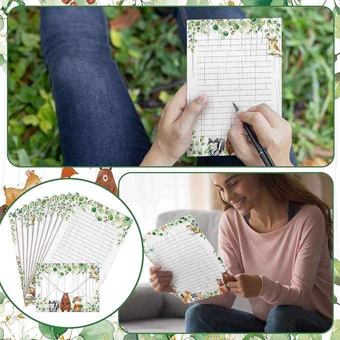 TaoBary 160 Pcs Stationery Paper Set 50 Double Sided Stationery Papers with 50 Matching Envelopes and 60 Round Dot Sticker, 10 Design(Land Animal,5.5 x 8.25 Inch)