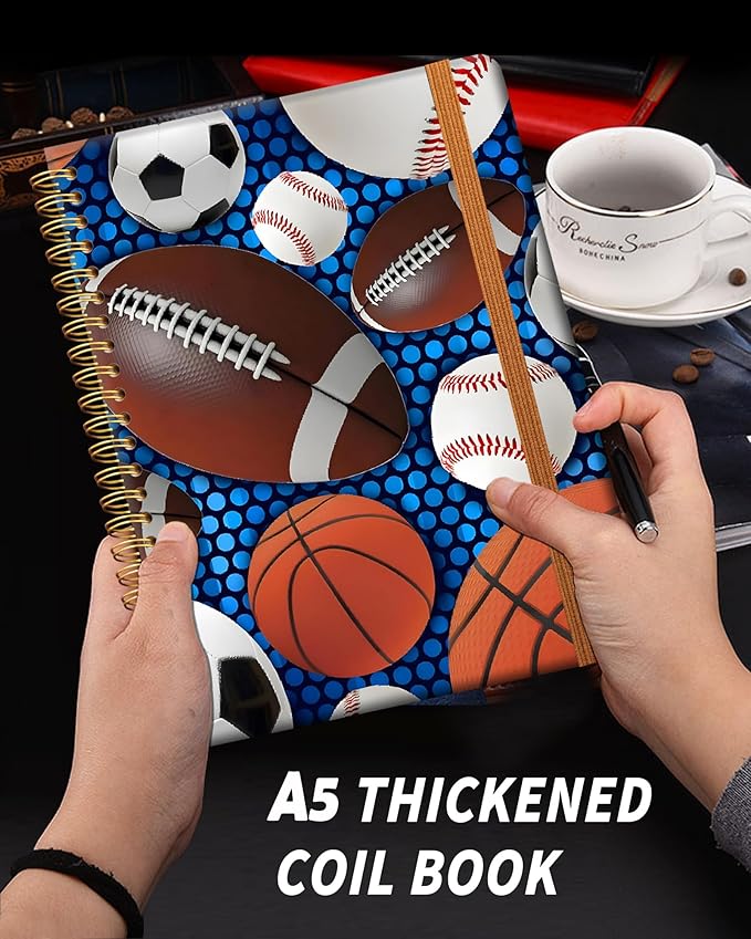 Ruled Spiral Writing Notebook,A5 Hardcover Lined College Journal for Women,Strong Twin-Wire Binding with Premium Paper,8.4" X 6",Perfect for School,Office,Home(Sport Baseball Football)