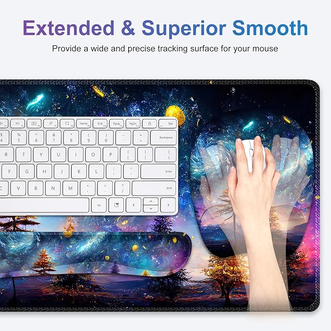 4 in 1 Large Mouse Pad, Keyboard Wrist Rest Set, Ergonomic Mouse Pad with Wrist Support, Desk Mat with Stitched Edges，Extended Desk Pad Waterproof Desk Mat for Home Office Game I Colorful World