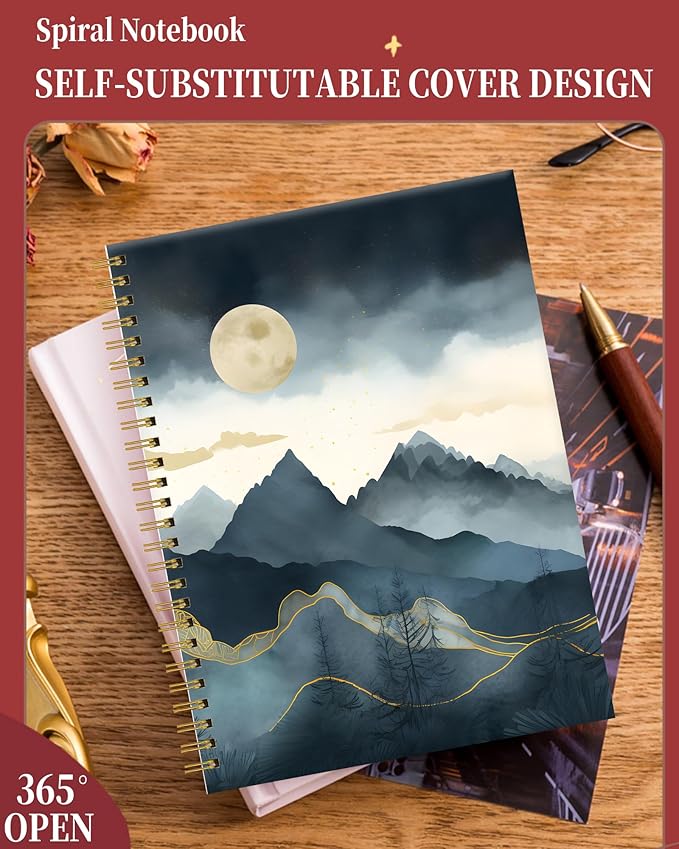 Spiral Journal Notebook for Women,A5 College Ruled Notebooks 6"x 8.4", 120 Pages Lined Journal with Premium Thick Paper,Perfect for School Office Home Gifts(abstract mountain cloud)