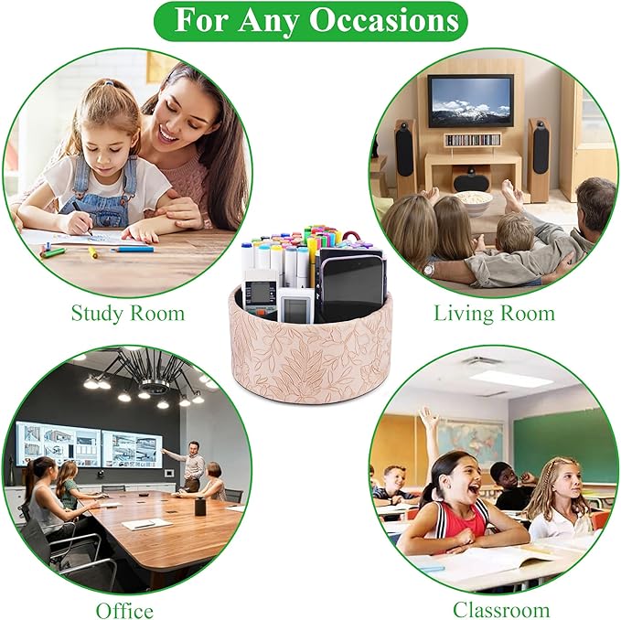 Hennaja Remote Control Holder, 360°Spinning PU Leather Desk TV Remote Caddy,Desk Storage Box Room Accessories for Controller, Media,Mail,Calculator, Mobile Phone,Pencil(1-Carved Light Brown)