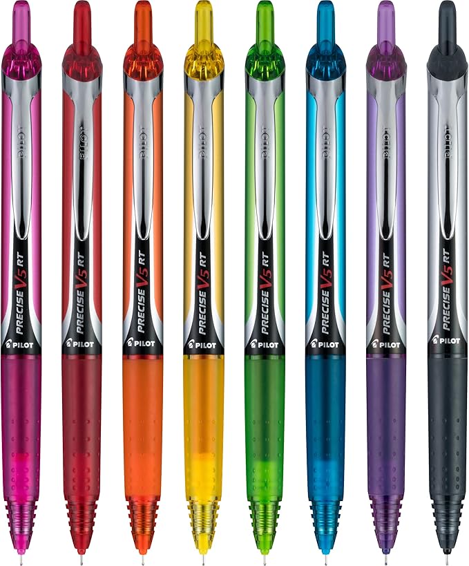 PILOT Precise V5 RT Refillable & Retractable Rolling Ball Pens, Extra Fine Point Pens, 0.5 mm, Vibrant, Pack of 8 - Ideal for School, Journaling & Office Writing