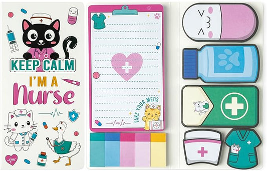 B1ykin Sticky Notes Set, Cartoon Theme Cute Self-Stick Notes Pad Teacher Appreciation Gifts， Self-Adhesive Writing Memo Pages Sticky to Do Notepad for Kids Employee School Office (Funny Nurse)