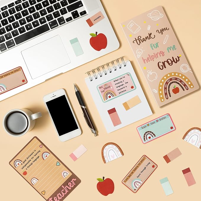 Xqumoi Boho Themed Teacher Sticky Notes Set, 550 Sheets, Thank You for Helping Me Grow Self-Stick Note Pads Teacher Appreciation Gift Writing Memo Pads Page Marker Back to School Supplies (Brown)