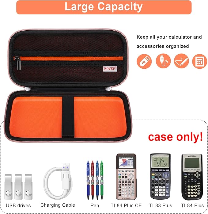BOVKE Hard Calculator Case Compatible with Texas Instruments TI-84 Plus CE Color Graphing Calculator/TI-83 Plus CE, Extra Zipped Pocket for USB Cables, Charger, Manual and More, Rose Gold