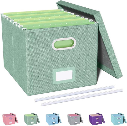 Oterri File Organizer, File Box, File Cabinet for Letter File Folder Storage, Portable Storage Bins with Lids for Office/Decor/Home,Document Organizer, 1 Pack,Green-Box Only
