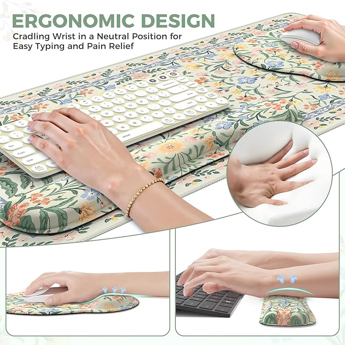 iCasso Desk Pad Mat, Large Mouse Pad and Keyboard Wrist Rest Set, Desk Protector Mat,4in1 Ergonomic Carpal Tunnel Keyboard Pad with Wrist Support for Desktop Cover Home Office Computer(Green Flowers)
