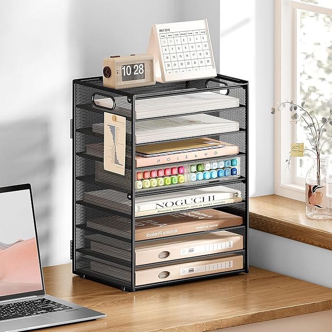 SUBEKYU 9 Tier Paper Organizer for Desk - Black Metal Mesh Letter Tray File Paper Sorter Organizer Include 6 Pcs Adjustable Height Slid Tray with Handles for Office School Home Organization Storage