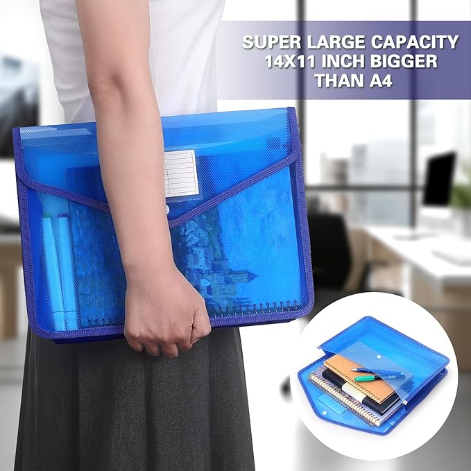 Plastic Expanding File Folder, Transparent envelopes with Snap Closure, No Dividers, Large Capacity, Fit Letter/A4 Size (Blue)