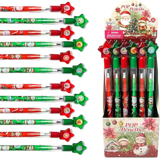 TINYMILLS Christmas Pop Pencils, 24 Pack Holiday Mechanical Pencils with Star Toppers, Red and Green Colors, Party Favors, Stocking Stuffers, School Rewards