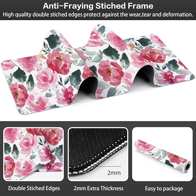 Large Gaming Mouse Pad for Desk,Watercolor Pink Flowers and Green Leaves Desk Mat for Desktop,Non-Slip Rubber Base Stitched Edge Long Computer Keyboard Mouse Mat Desk Pad for Home Office 35.4"X15.7"
