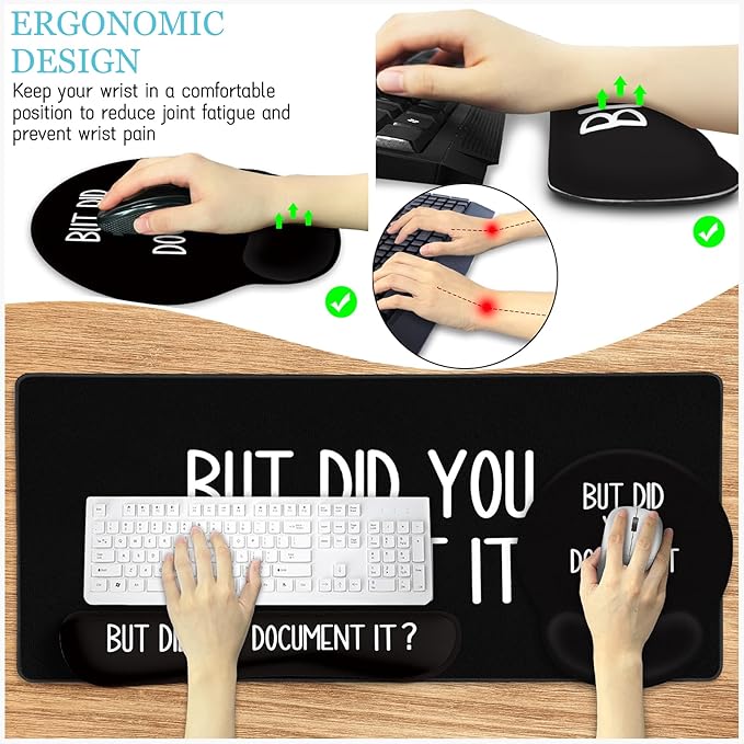 Black Mouse Pad Large Desk Mat Set, Funny Mouse Pad with Wrist Rest Keyboard Wrist Support XXL Mousepad Cup Coaster Set, Cute Office Desk Accessories Decor Supplies But Did You Document It