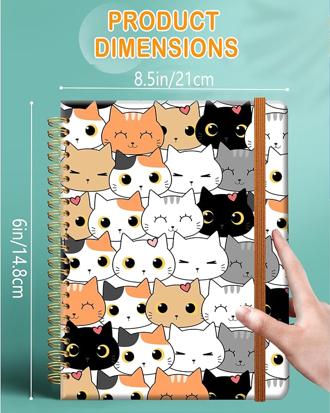 Ruled Spiral Writing Notebook,A5 Hardcover Lined College Journal for Women,Strong Twin-Wire Binding with Premium Paper,8.4" X 6",Perfect for School,Office,Home(Cute Cartoon Cat)