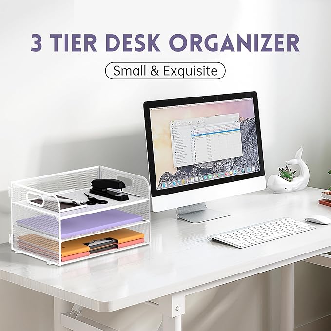 Supeasy 3 Tier Paper Organizer with Handle, Mesh Desk Organizer Letter Tray, Paper Tray File Organizer for A4 File Folder, White
