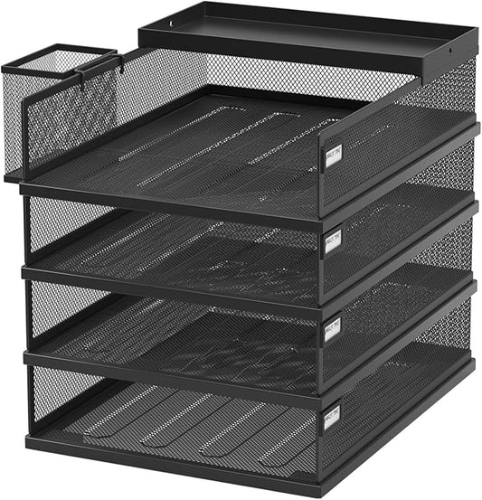 Stackable Letter Trays, 4 Tier Metal Paper Tray & Desk Organizer, Stackable File Trays for Office & Home, Multi-Functional Document Tray with Fine Grid Design & Magnetic Labels,Black