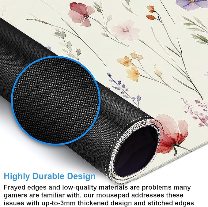Desk Pad, Watercolor Floral Flowers Leaves XXL Gaming Mouse Pad with Stitched Edges,Non-Slip Waterproof Rubber Base Large Desk Mat for Keyboard and Mouse 35.4"x15.7"