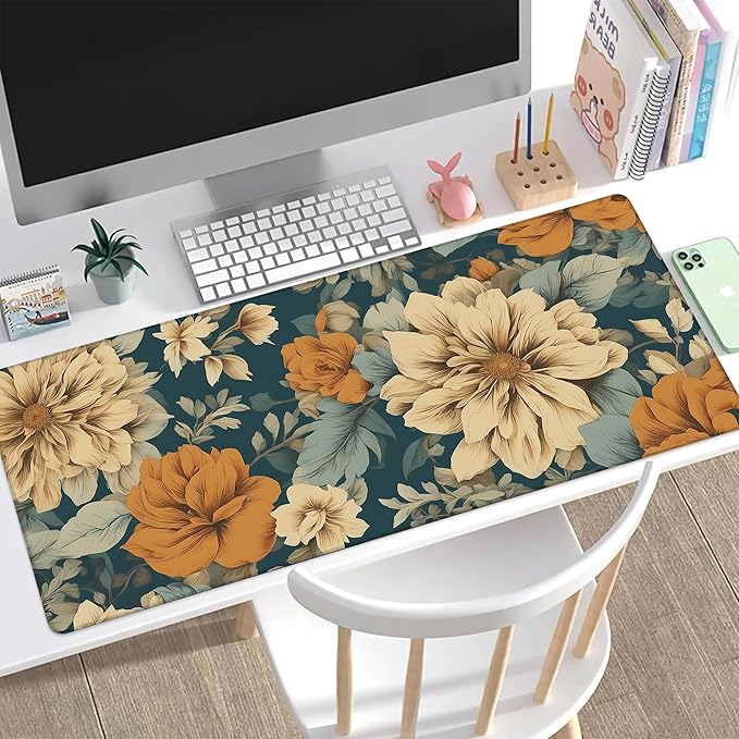 Desk Pad, Vintage Aesthetic Flower XXL Gaming Mouse Pad with Stitched Edges,Non-Slip Waterproof Rubber Base Large Desk Mat for Keyboard and Mouse 35.4"x15.7"