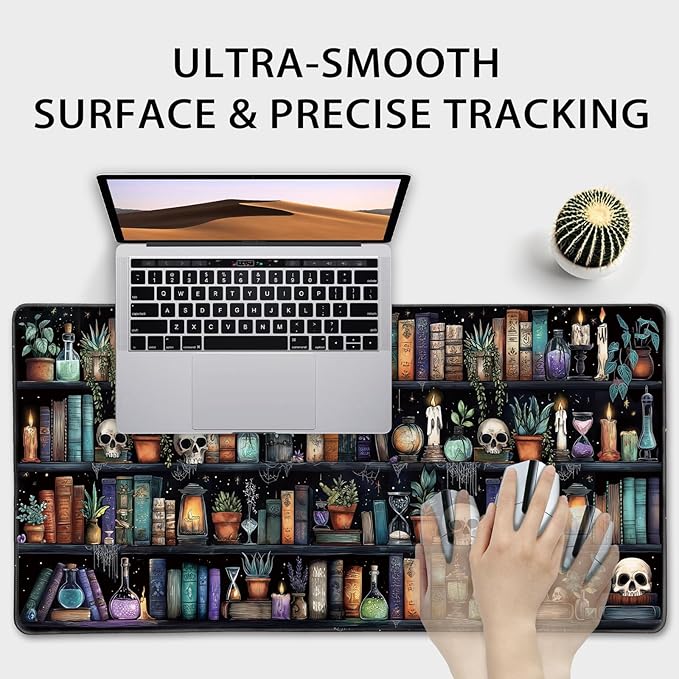 Gothic Library Large Gaming Mouse Pad 31.5"x15.7"｜Vintage Bookshelf XXL Desk Mat, Non-Slip Rubber Base & Stitched Edges - Extended Waterproof Mousepad for PC/Laptop/Office/Home Decor