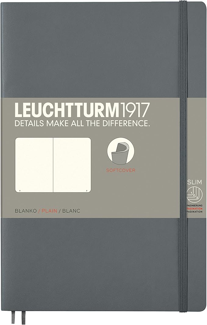 LEUCHTTURM1917 - Notebook Softcover Pocket A6-123 Numbered Pages for Writing and Journaling (Plain, Anthracite)