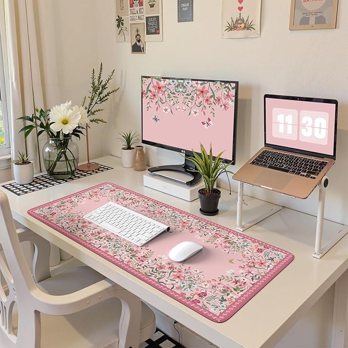 HAOCOO Rose Desk Pad Mat Floral, Cute Desk Matt for Desktop, Non-Slip Large Mouse Pad with Edge Stitching, Waterproof Keyboard Mat for Gaming, Office, Women Office Aesthetics