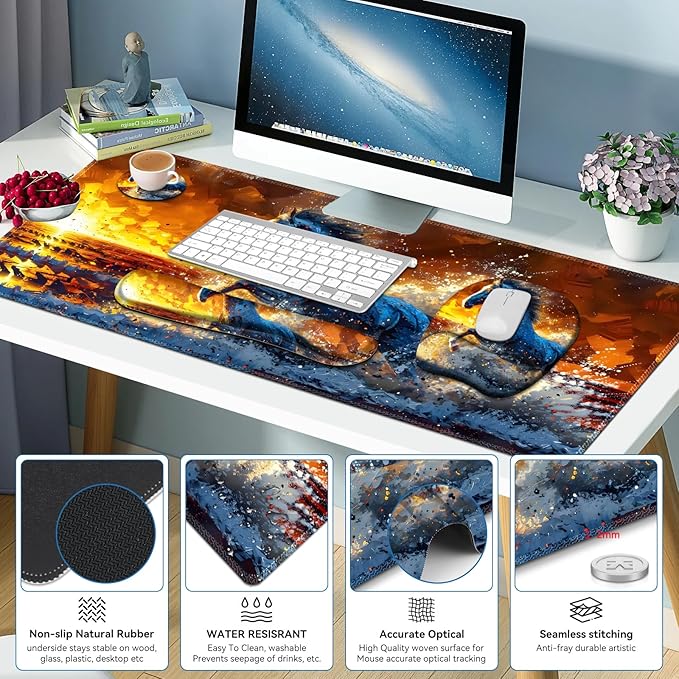 Large Mouse Pad, Keyboard Wrist Rest Set, Ergonomic Mouse Pad with Wrist Support, Desk Mat with Stitched Edges + Coaster, Extended Desk Pad Waterproof Desk Mat for Home Office Game I Running Horse