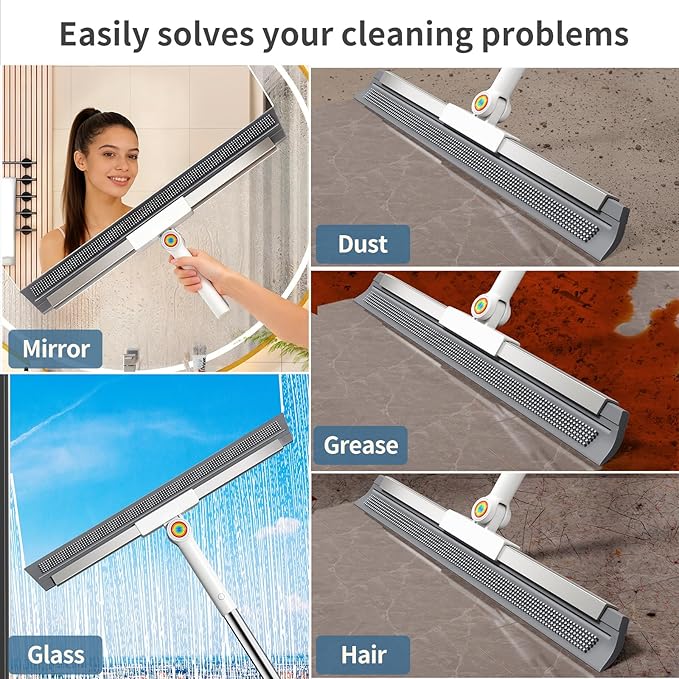 Squeegee Broom for Floor, Rubber Silicone Magic Broom with 180° Rotating Head & 63" Long Handle, Floor Squeegee Broom for Indoor/Outdoor Floor Cleaning, Pet Hair, Tile, Garage Concrete, Glass