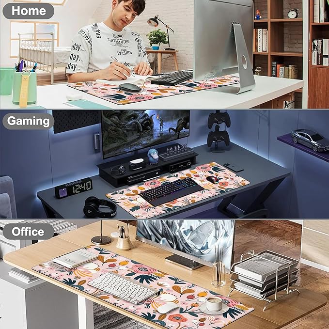 Mouse Pad, Large Colorful Flowers and Berries Desk Mat, Extended Non-Slip Gaming Keyboard Mousepad Desk Pad, Thick Stitched Edges Waterproof Mouse Mat 31.5"x15.7" (Beautiful Floral Plants)