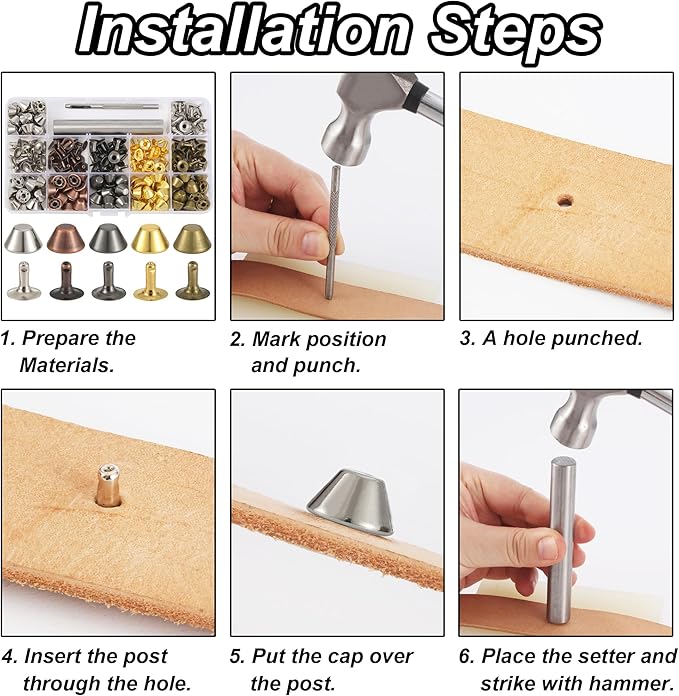 YORANYO 120 Sets 12x7mm Purse Feet for Handbags Barrel Leather Rivets Studs for Clothing Metal Studs and Spikes with Hole Punch and Barrel Rivet Setter for Shoes Bags Belts Dog Collars Leather Craft