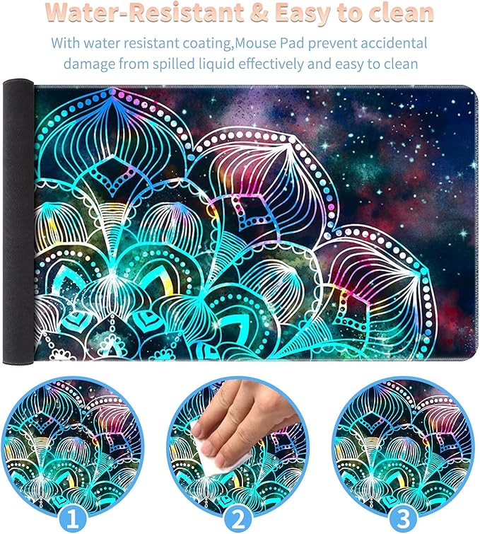 Large Gaming Mouse Pad with Stitched Edges, Desk Pad Protector, Computer Keyboard Mouse Mat Non-Slip Cute Desk Decor for Home/Office/Study Accessories+ Coaster and Stickers, Mandala Art