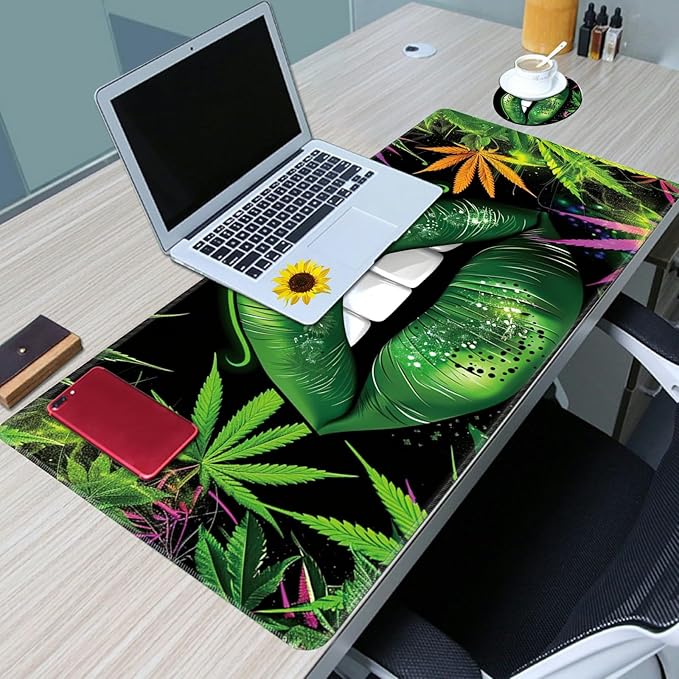 Desk Mat Large Gaming Mouse Pad (31.5x11.8 inch) with Stitched Edges, XL Mouse Pad +Coaster, Extended Mouse Mat Keybroad Mousepad Non-Slip Rubber for Gamer Men Women, Green Lip Weed